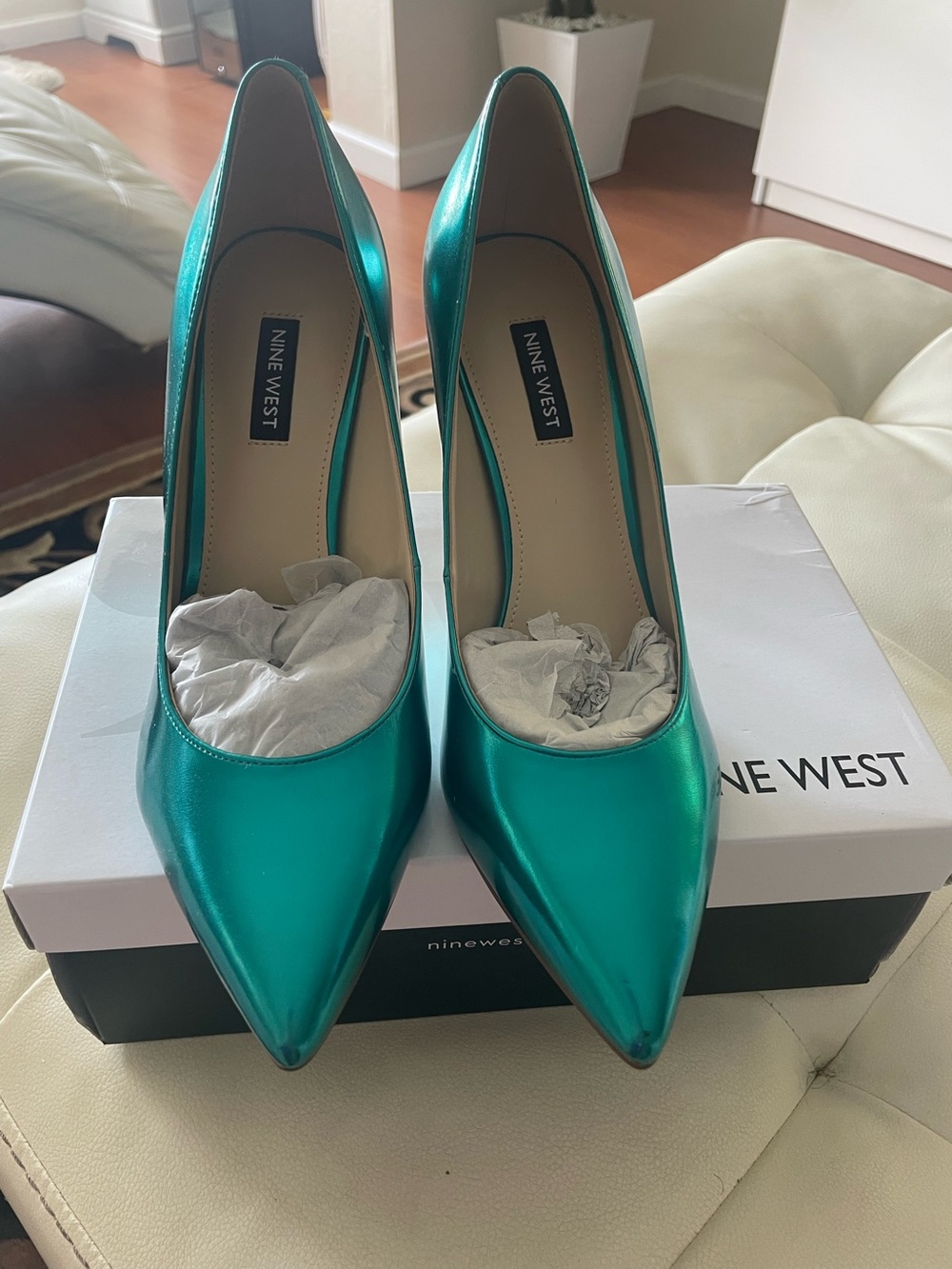 Nine West Metallic Teal Pointed Toe Stilettos - Picture 4 of 9